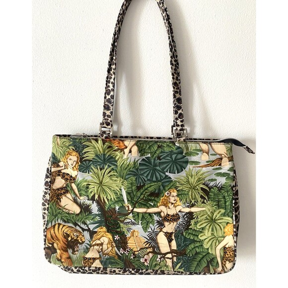 Far Nine Jungle Safari Pin-Up Beaded Tote Bag – Leopard Trim – 16"x11" – Retro - Picture 1 of 13
